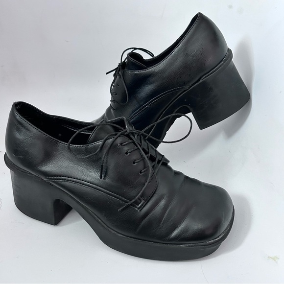 PREDICTIONS 90s Y2K Chunky Platform Heel Oxfords Size 8 Black Vegan Leather - Picture 2 of 11